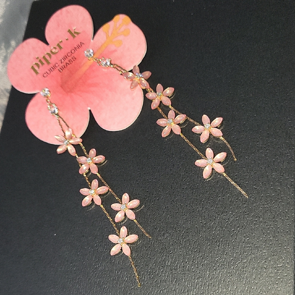 Piper K Pink CORAL Flower Drop Earrings GEM DETAILED te Rt LS